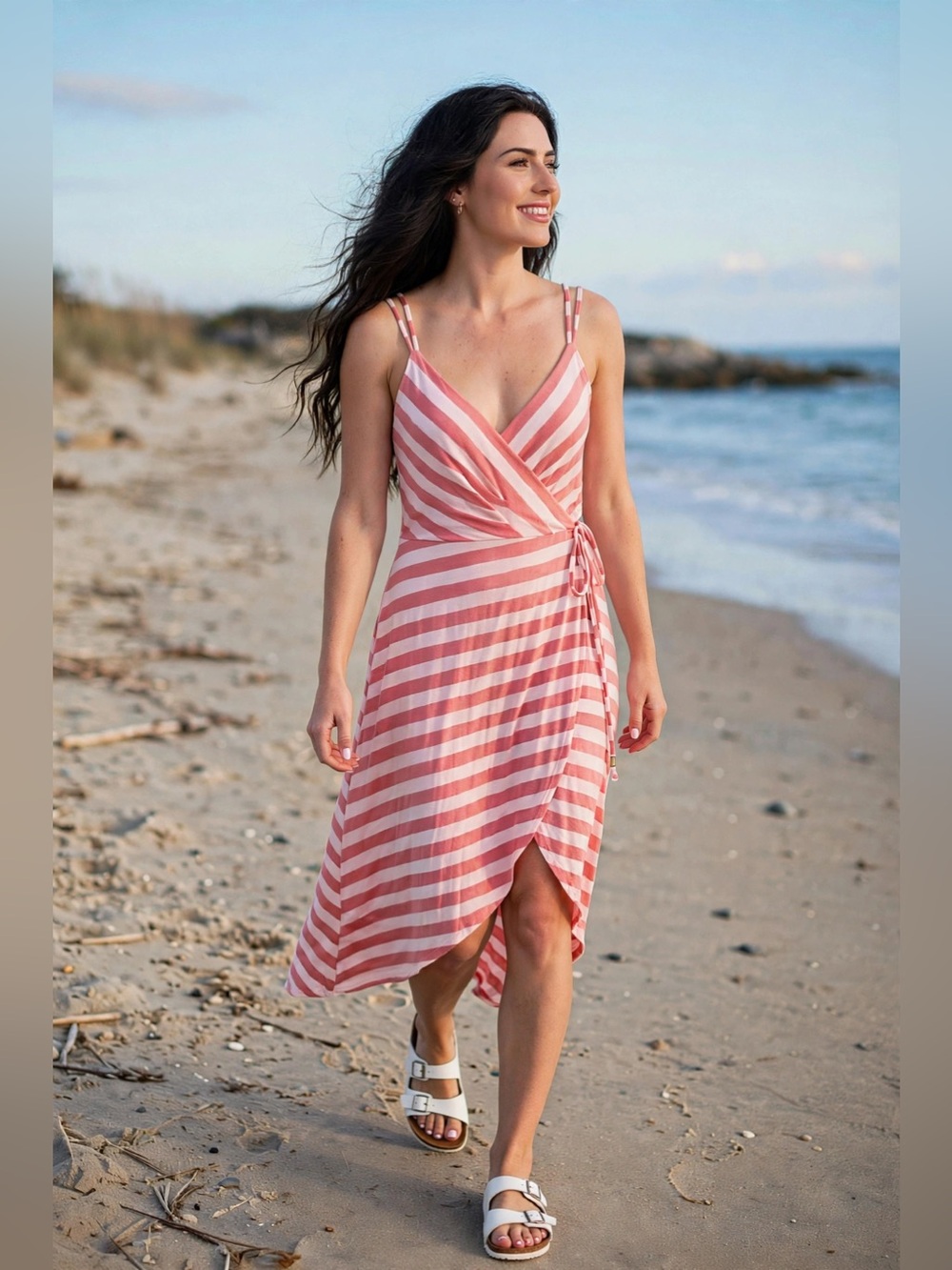 VINCE CAMUTO Peach & White Faux-Wrap Hi-Low V-Neck Dress  NWT $118.00